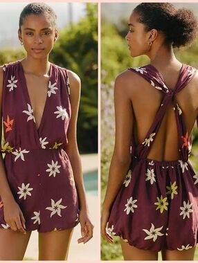 Anthropologie Linen Blend Deep V Romper NWT.